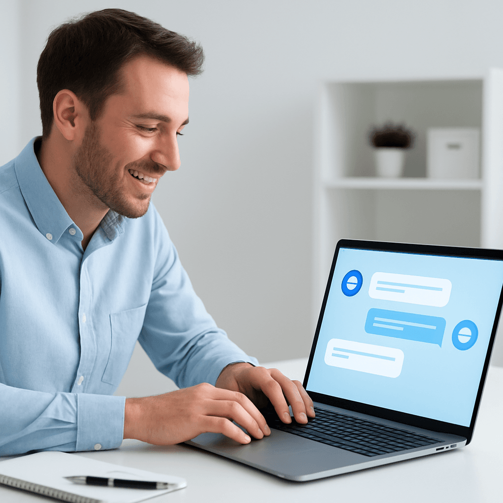 Kleine ondernemer chat met een AI-chatbot op een laptopscherm