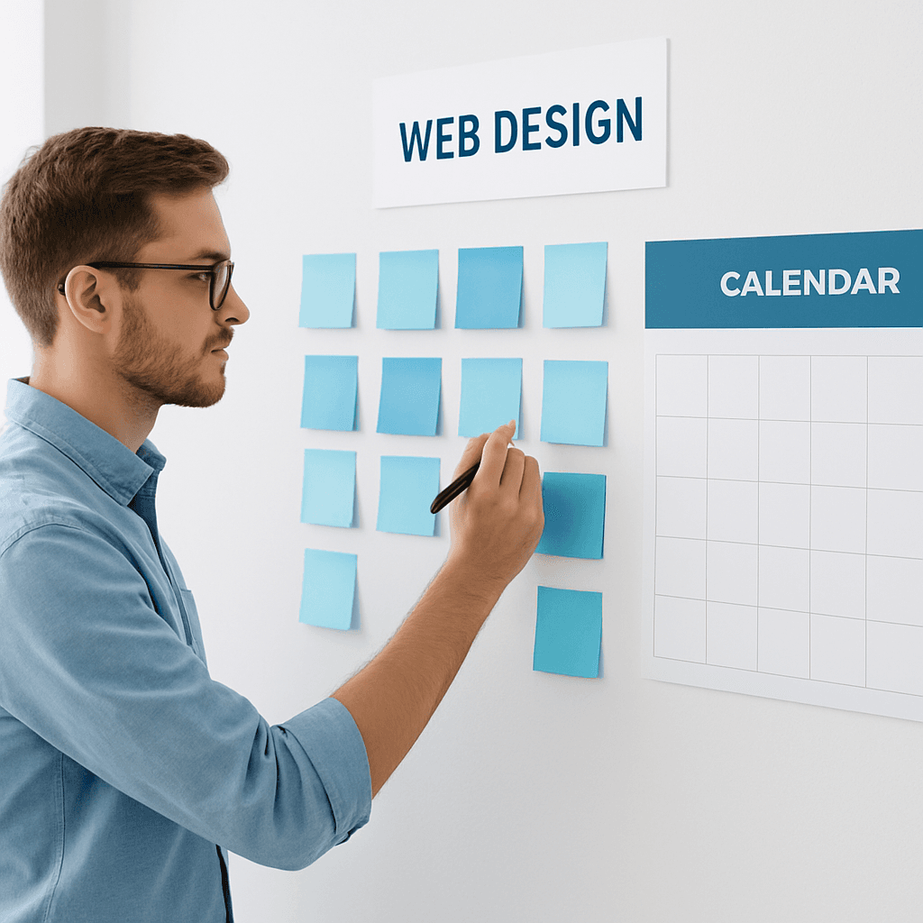 Webdesigner plant een projecttijdlijn met sticky notes en een kalender
