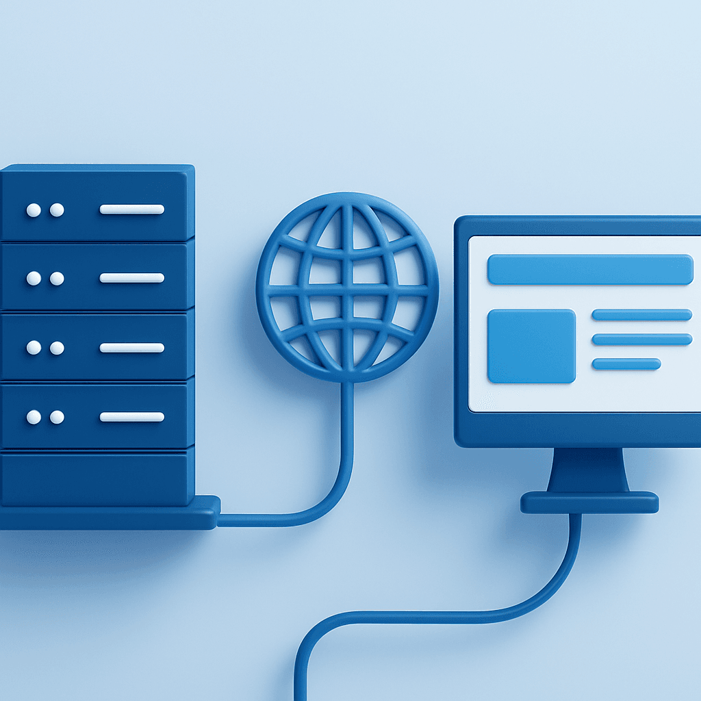 Schematische weergave van een server, domeinnaam en website die samenkomen