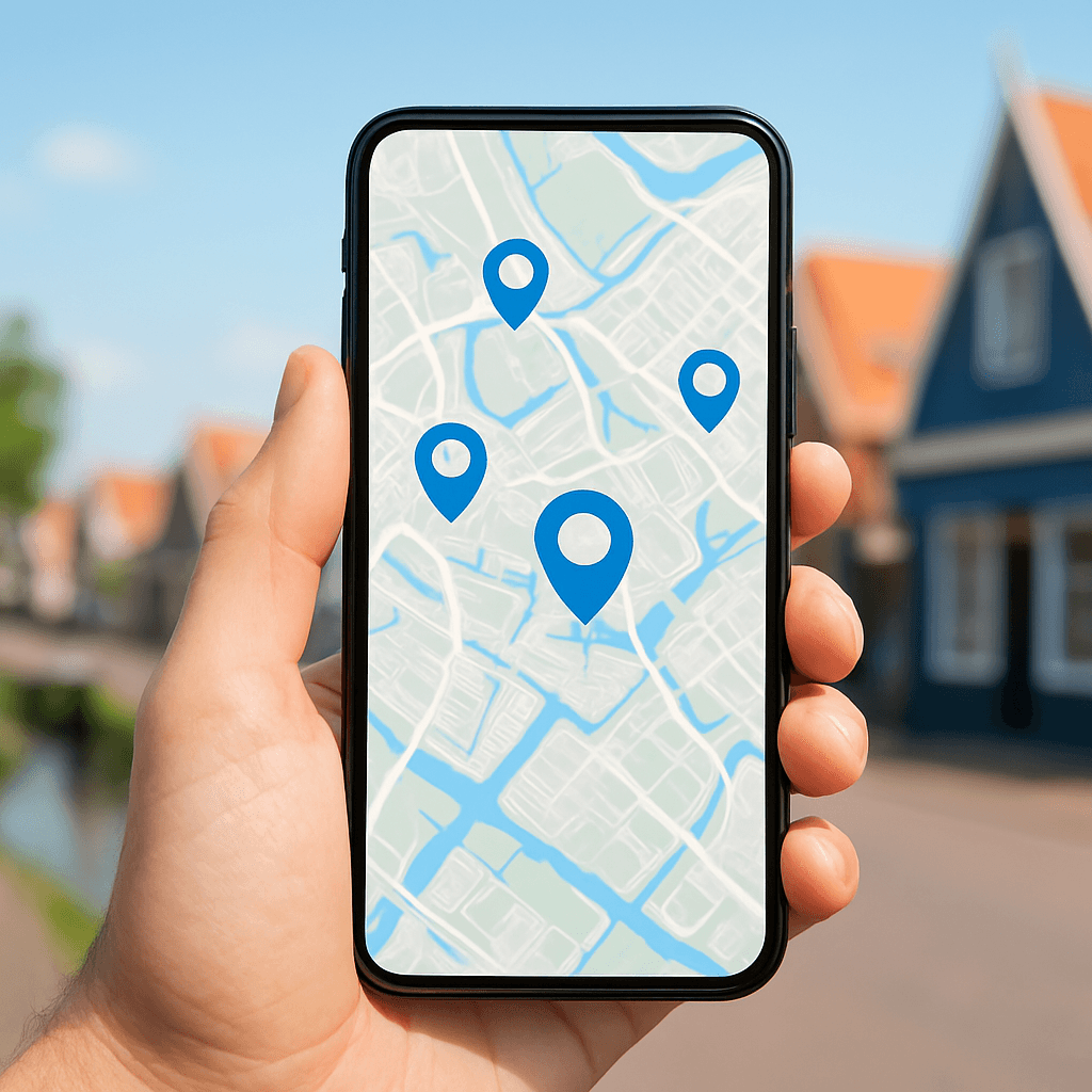 Smartphone toont een lokale kaart met locatiepinnen boven een dorp