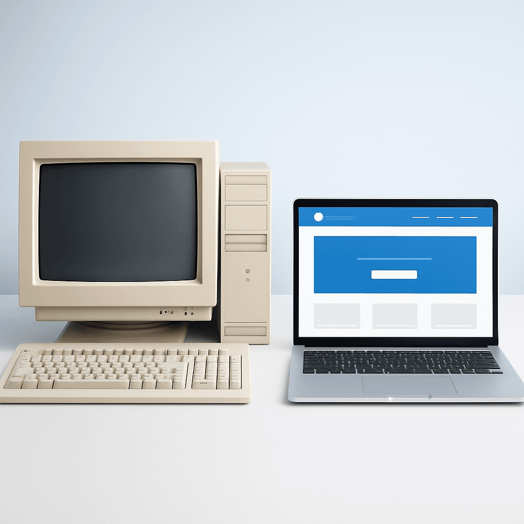Verouderde computer naast een moderne laptop met een frisse website