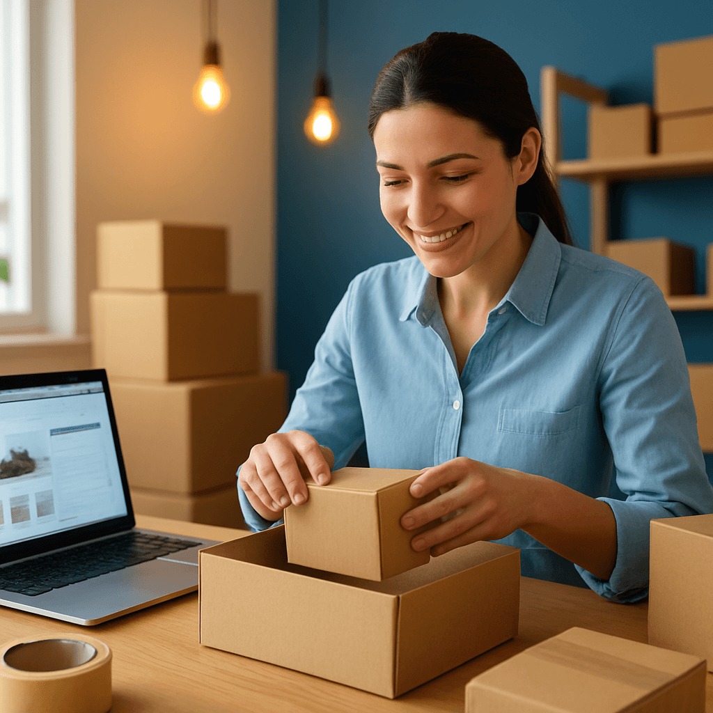 Ondernemer pakt bestellingen in naast een laptop met een webshop