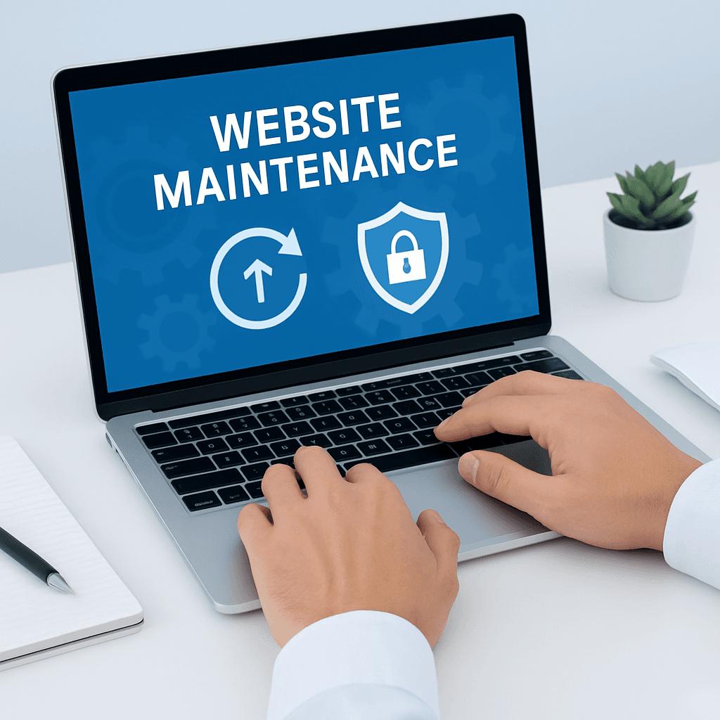 Handen werken aan website-onderhoud op een laptop met update- en beveiligingsiconen