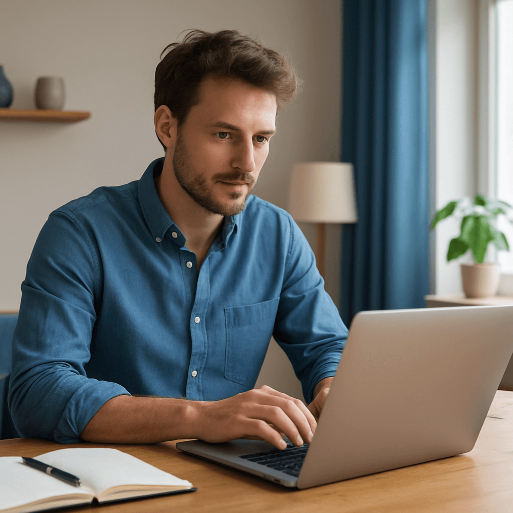 ZZP'er werkt aan zijn eigen website op een laptop in een thuiskantoor