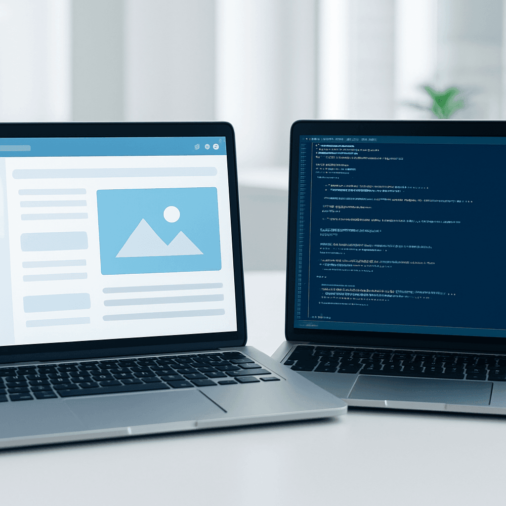 Twee laptops naast elkaar: één met een WordPress-dashboard en één met maatwerk code